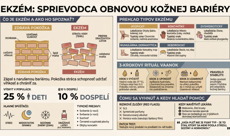 obrazok na webe Ekzém: čo pomáha a na čo si dať pozor Infografika o ekzéme: typy ekzému, narušená kožná bariéra, spúšťače a 3-krokový rituál starostlivosti